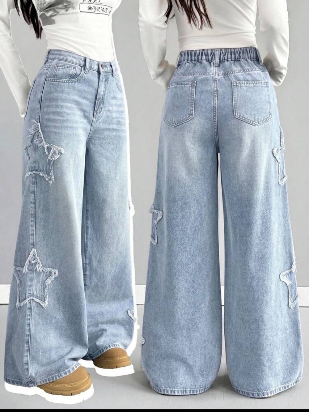 🌟 Wide Leg Jeans with Star Appliqués